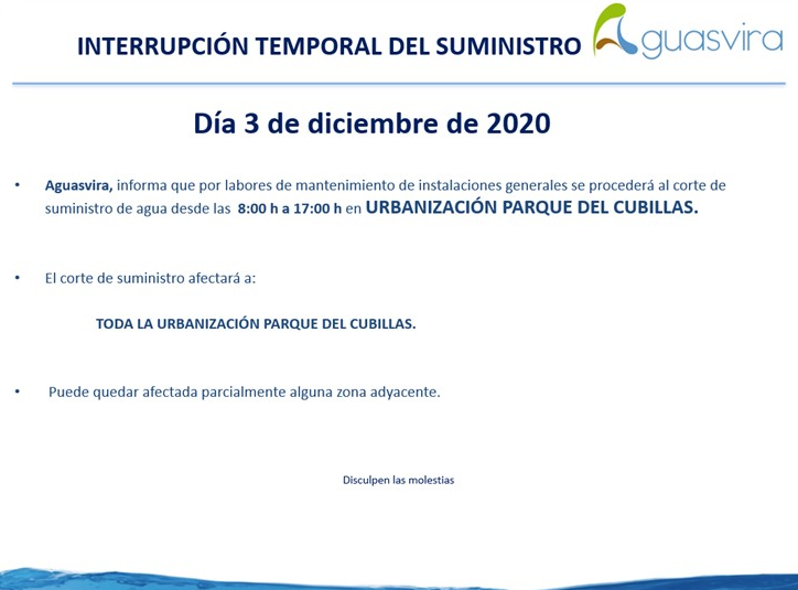 Aguasvira's tweet photo. 📢AVISO!!!
🗓️Cortes programados en Urb.#ParqueCubillas
Jueves 3 Diciembre
⏰De 8:00 a 17:00 h
👨🔧👩🔧 Mantenimiento instalaciones generales
Puede quedar afectada parcialmente, alguna zona adyacente.
Disculpen las Molestias.
@aytoalbolote @galbolote @alboloteinforma @RadioAlbolote https://t.co/NFUDyoSjnb