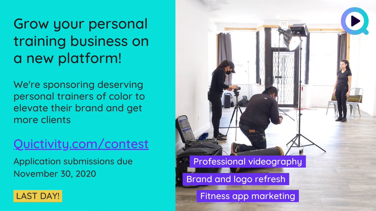 We're lifting up PTs of color with 2-hour professional videography session, brand refresh, and 1yr on Quictivity Coach to increase their client base. Apply today at Quictivity.com/contest! Try the limited beta iOS app at Quictivity.com/beta #fitness #personaltrainer #contest