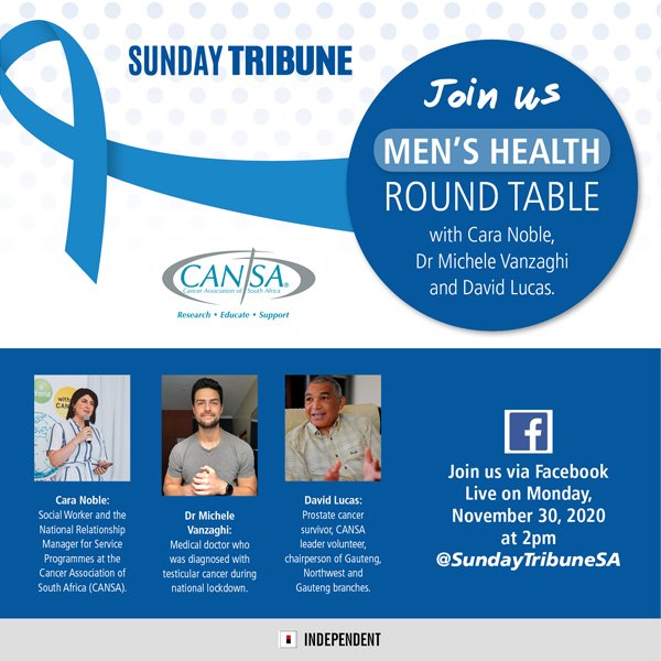FB Live: Join Cara Noble social worker from @CANSA in conversation with Dr.Michele Vanzagh and David Lucas a prostate cancer survivor as they discuss everything about men's health via @SundayTribuneSA Facebook Live today at 14:00
#MensHealth #prostatecancer #cancersurvivor https://t.co/5xeEXVbGi0