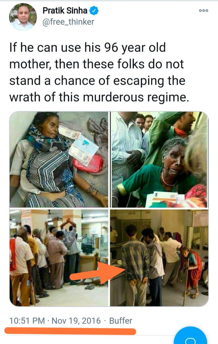 . @free_thinker is just a hindu hater, masquerading as a fact-checker. made his career abusing Modi n fake propagandas, using Truth of Gujarat, then eopinion/Altnews.1- Using picture of 2014 to show a woman suffering due to demonatisation in 2016.archive-  https://archive.is/yOCPG 