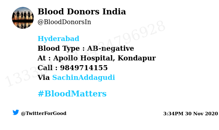 BloodDonorsIn's tweet photo. #Hyderabad
Need #Blood Type :  AB-negative
At : Apollo Hospital, Kondapur
Blood Component : Blood
Number of Units : 2
Primary Number : 9849714155
Secondary Number : 8919811440
Patient : Saikiran Reddy 
Via: @SachinAddagudi
#BloodMatters
Powered by Twitter https://t.co/BqsH6iBGPU