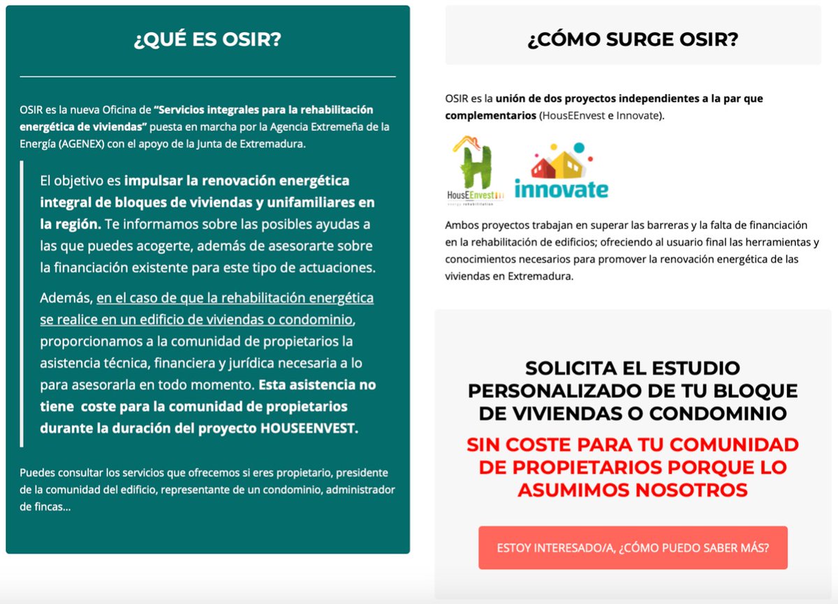 OSIR_Ext's tweet image. Uno de los objetivos de #OSIR es la renovación energética integral de bloques de viviendas y unifamiliares en #Extremadura. Conoce más de este proyecto del que podrás beneficiarte de forma gratuita: osir.es/#osir 

#Extremadura #Vivienda #Ayudas #Financiación
