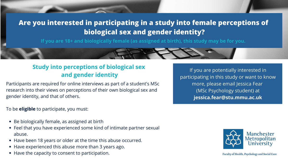 StudyAbuse's tweet image. ⚠️ Participants will NOT be asked about their experiences of intimate partner sexual abuse, but if they feel it is relevant &amp;amp; appropriate to share, they are welcome to do so.

💻 If you're eligible &amp;amp; interested, do get in touch: jessica.fear@stu.mmu.ac.uk

🔁 Please RT