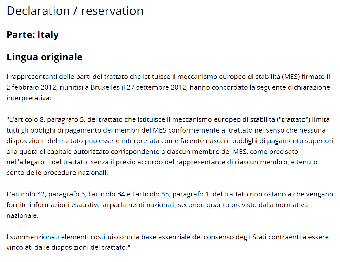 AlbertoBagnai's tweet image. Questa è la dichiarazione firmata dall&apos;Italia in sede di scambio degli strumenti di ratifica. Quindi, ad esempio, quando sul Trattato ci è stato opposto il segreto è stato commesso un illecito...