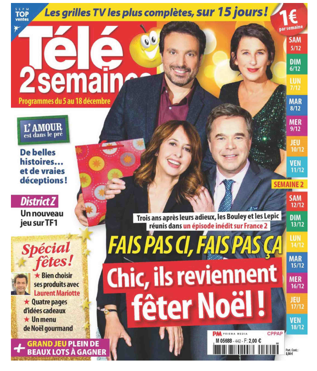 Cette semaine en couverture de <a href="/Tele2Semaines/">Télé 2 Semaines</a> le grand retour de #faispascifaispasca avec le film de Noël !

▶️📺A découvrir le vendredi 18 décembre à 21h05 sur @France2tv 
🎄🎁

Merci #Télé2semaines <a href="/PrismaMedia/">Prisma Media</a> <a href="/ThierryMasclot/">Thierry Masclot</a> <a href="/OuisseF/">François Ouisse</a> <a href="/stephaniegorlin/">Stéphanie Gorlin</a> 

<a href="/FPCFPC_F2/">Fais pas ci, fais pas ça</a>