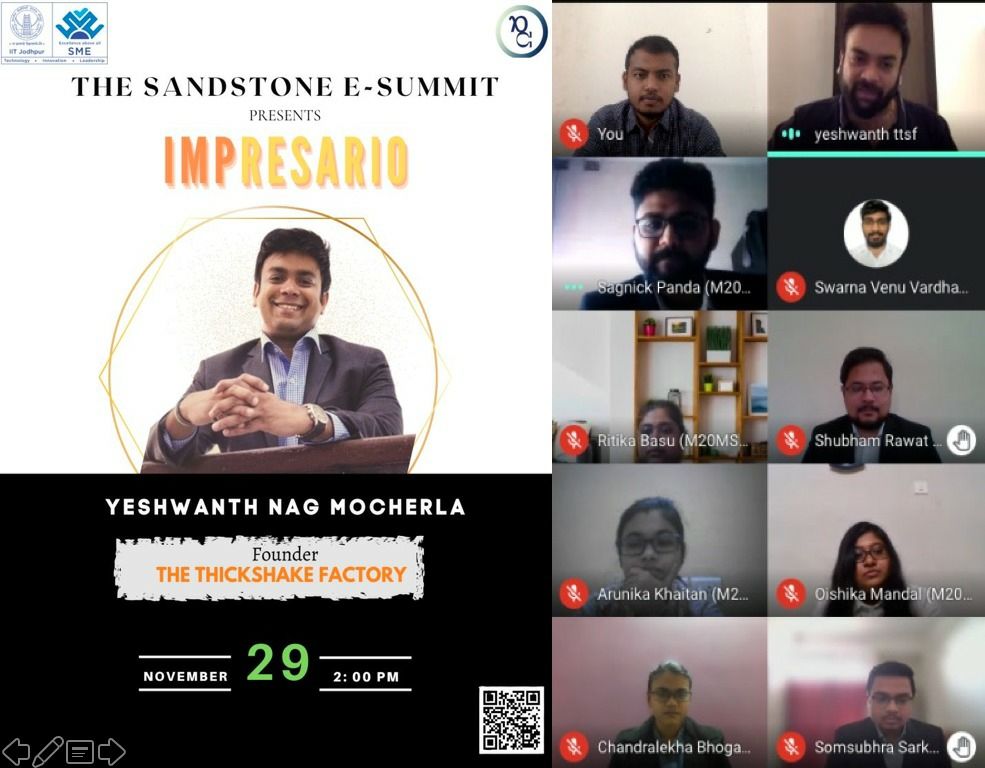 For "Impresario Series" - The Sandstone e-Summit, we thank Mr. Yeshwanth Nag Mocherla, Founder of TheThickShake Factory for conducting an engaging session on the incredible story of TheThickShake Factory and his entrepreneurial journey.

#smeiitjodhpur

linkedin.com/posts/sme-iitj…