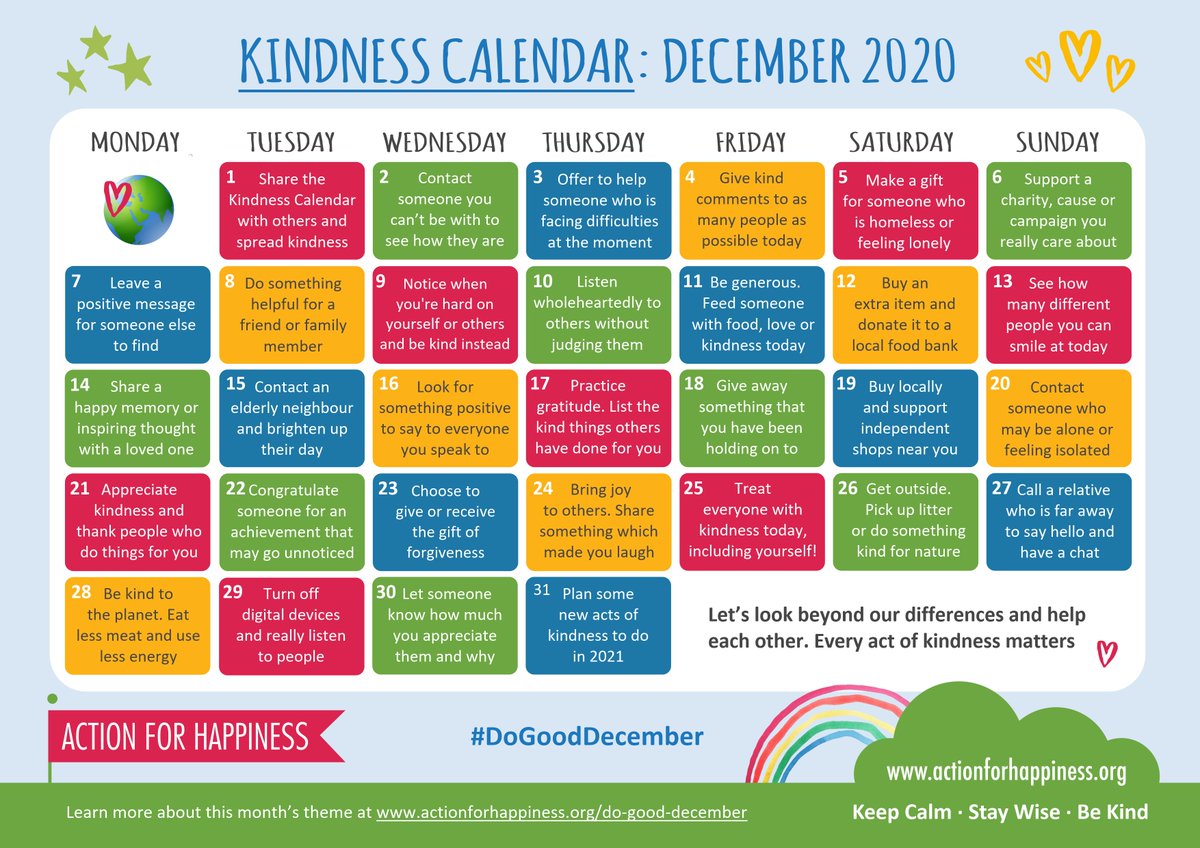 We may not be able to change our situation, but we can choose to respond with kindness 💕 Please share our free Kindness Calendar and help make a difference this festive season 🎄 actionforhappiness.org/do-good-decemb… #DoGoodDecember