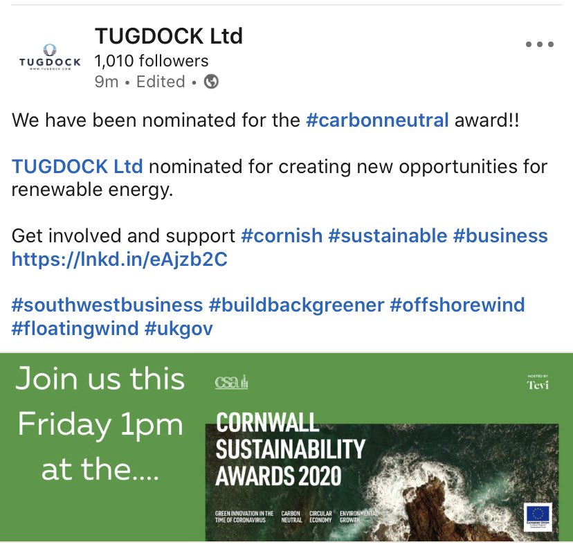TUGDOCK Ltd (@tugdocklimited) on Twitter photo We have been nominated for the #carbonneutral award!!
<a href="/tugdocklimited/">TUGDOCK Ltd</a> nominated for creating new opportunities for #RenewableEnergy .
Get involved and support #cornish #sustainable #business
lnkd.in/eAjzb2C
#southwestbusiness #sustainability #BuildBackBetter #csa2020 We have been nominated for the #carbonneutral award!!
<a href="/tugdocklimited/">TUGDOCK Ltd</a> nominated for creating new opportunities for #RenewableEnergy .
Get involved and support #cornish #sustainable #business
lnkd.in/eAjzb2C
#southwestbusiness #sustainability #BuildBackBetter #csa2020
