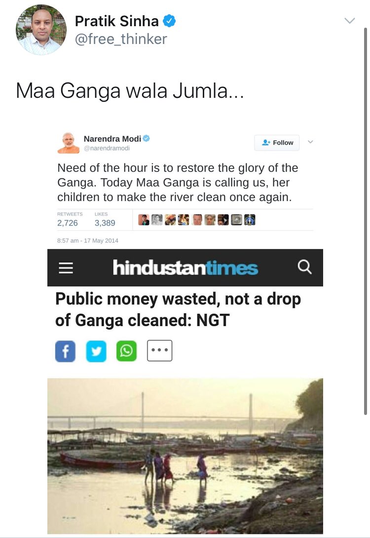 4-  @free_thinker shares just headline of article to target PM Modi and his clean Ganga initiative.But in article NGT was actually praising PM Modi for starting project and was questioning state government(Akhilesh) and others.