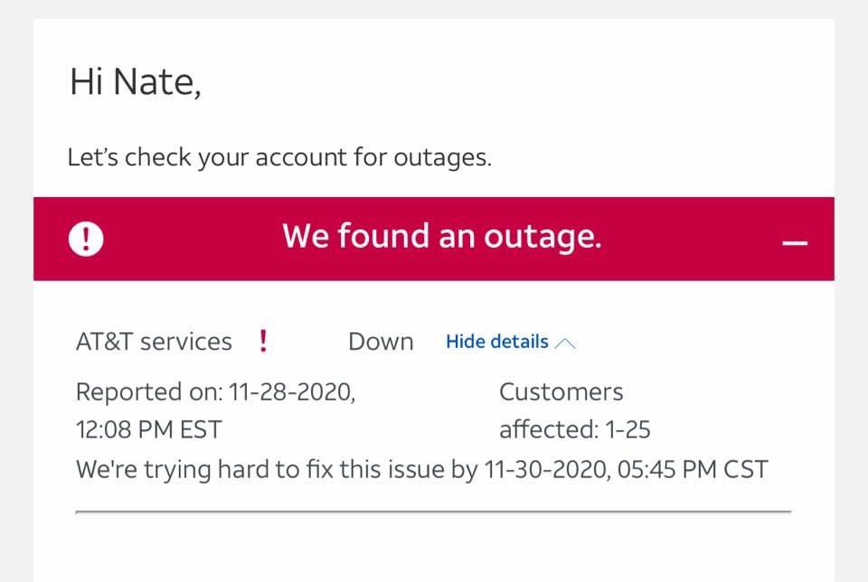 eastatlanta's tweet image. Dear @ATTHelp, in these times virtual schooling is hard without. Outage on 25th, but they said it wasn’t, the automated system didn’t detect it. Being without the internet was “fine” over Thanksgiving but we are missing work and school! #help #eastatlanta #ATTFiber