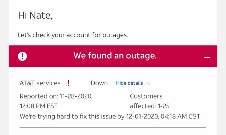 eastatlanta's tweet image. Dear @ATTHelp, in these times virtual schooling is hard without. Outage on 25th, but they said it wasn’t, the automated system didn’t detect it. Being without the internet was “fine” over Thanksgiving but we are missing work and school! #help #eastatlanta #ATTFiber