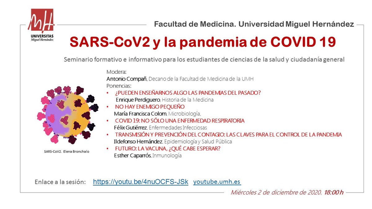 La @FacMedicinaUMH ha organizado un Webinar titulado "SARS-CoV-2 y la pandemia COVID-19" 🦠💻 A través de esta sesión, dirigida a todo el público en general, se pretende de una forma amena explicar las repercusiones que esta pandemia tiene en la Sociedad➡ https://t.co/LoghqoxoyT https://t.co/lsTGOda4Ec