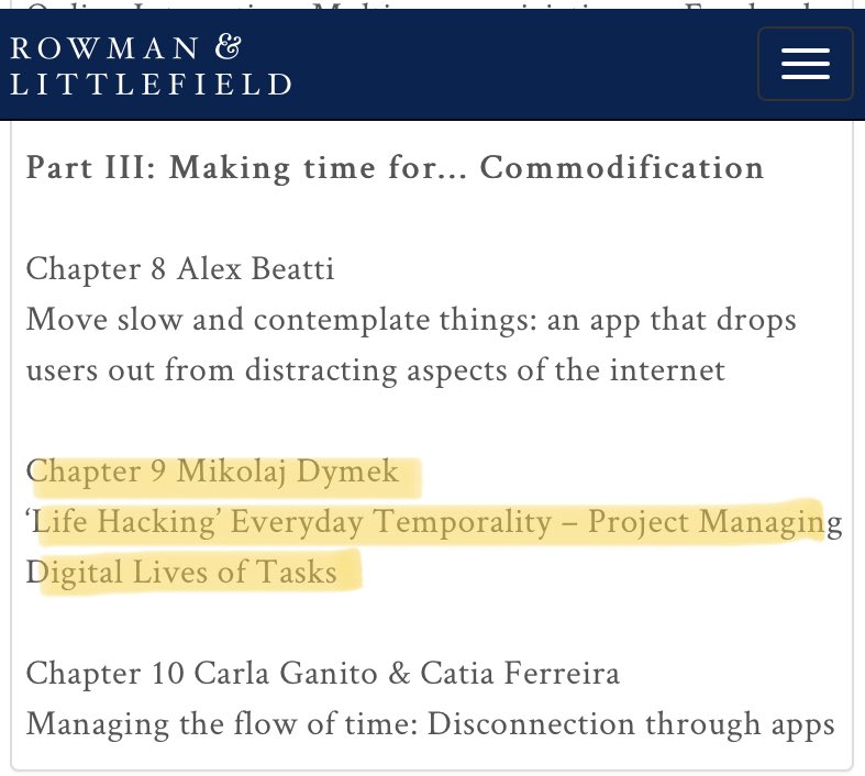 MikoDymek's tweet photo. My chapter on life hacking and digital project management of lives is apparently already out on Rowman &amp; Littlefield! Edited by the illustrious @akaka15, Christian Pentzold and @chris_lohmeier. Remember to add it to your to do app. 

https://t.co/IncspS19tl https://t.co/bzWkKP6Tvg