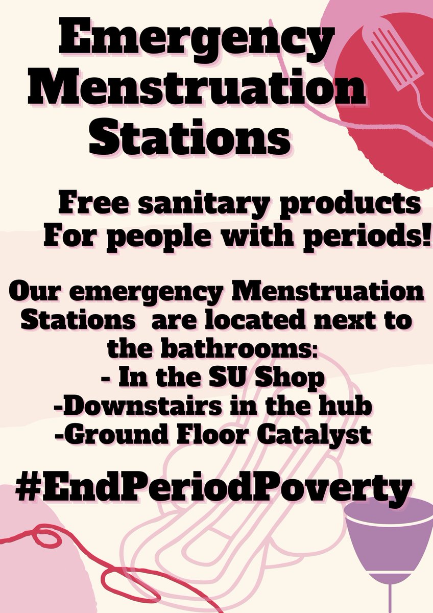 ✊📣END PERIOD POVERTY ON CAMPUS! 📣✊ 

Your Women's Officer, Ruby Penaluna, has helped set up Emergency Menstruation Stations around campus. The stations will have free sanitary products available to anyone that needs them! 💪💥📣❤️
