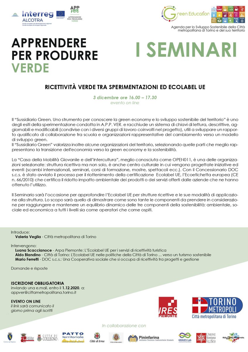 CittaMetroTO's tweet photo. #AppVer
Prendono il via il 3 dicembre (dalle h. 16), in modalità online, i seminari organizzati nell’ambito di A.P.P. Ver, Apprendere per produrre verde, progetto @InterregALCOTRA , di cui @CittaMetroTO è capofila.
Iscrizioni entro 1 dicembre
appver@cittametropolitana.torino.it https://t.co/al1g9n2N1o