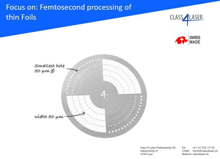 Our Femtosecond micromachining of thin foils offers <10 µm process control using a cold ablation process.

The cutting edge for precision micromachining.

Get in touch!
femto"@"class4laser.ch
lnkd.in/d8ctUQW

#medtech #pharma #innovation #swissmade #photonics