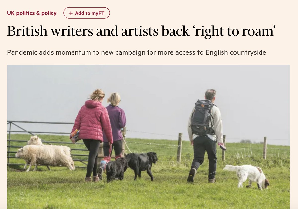 More coverage for our letter from over 100 writers, musicians & artists calling for the Prime Minister to help us reconnect to nature by extending the Right to Roam - this time in the Financial Times: https://www.ft.com/content/c8cff7c9-f482-40e6-8316-ed684c3f1ed9Sign up to the campaign here:  https://www.righttoroam.org.uk/letter&nbsp;