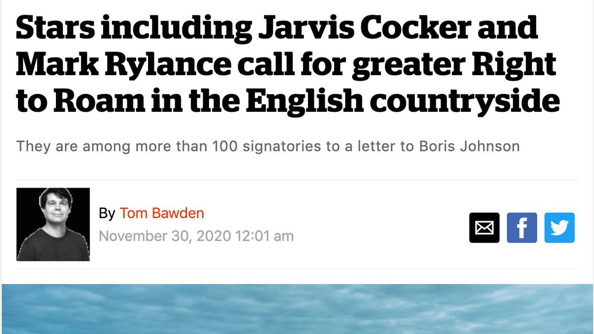 Great to see our letter calling for greater freedom to roam in nature - signed by Jarvis Cocker, Mark Rylance & many others - is covered in today's i by  @BawdenTom: https://inews.co.uk/news/environment/stars-jarvis-cocker-mark-rylance-greater-right-roam-776666