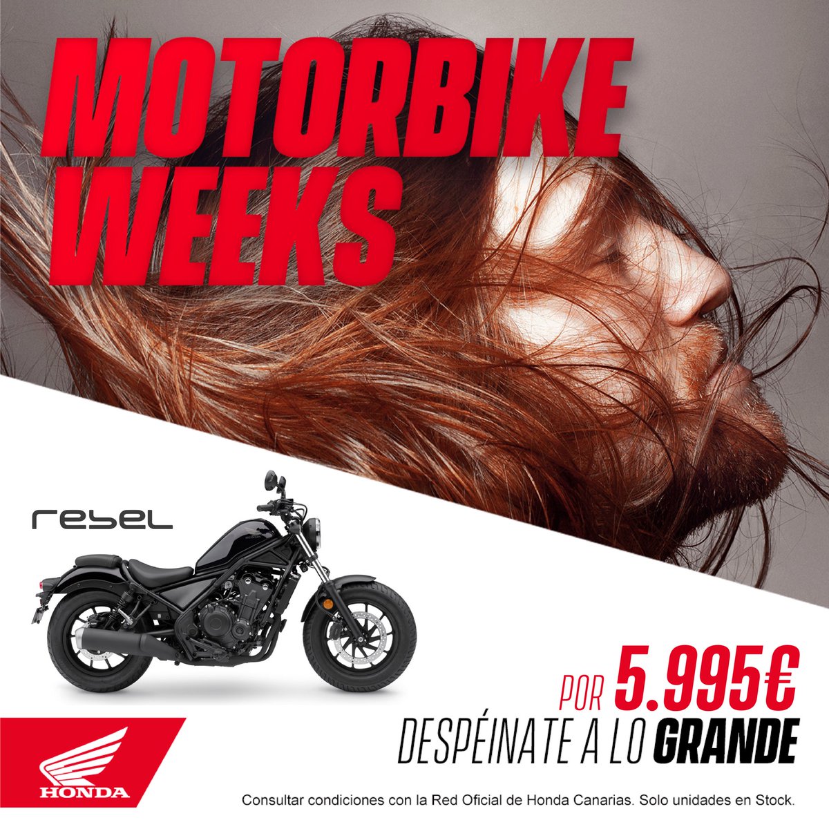 Despéinate a lo grande con el espíritu Rebelde. 🙌🏼😊

Tu Honda Rebel por SOLO 5.995€ SOLO hasta el 19 de #Diciembre.

#HondaCanarias
