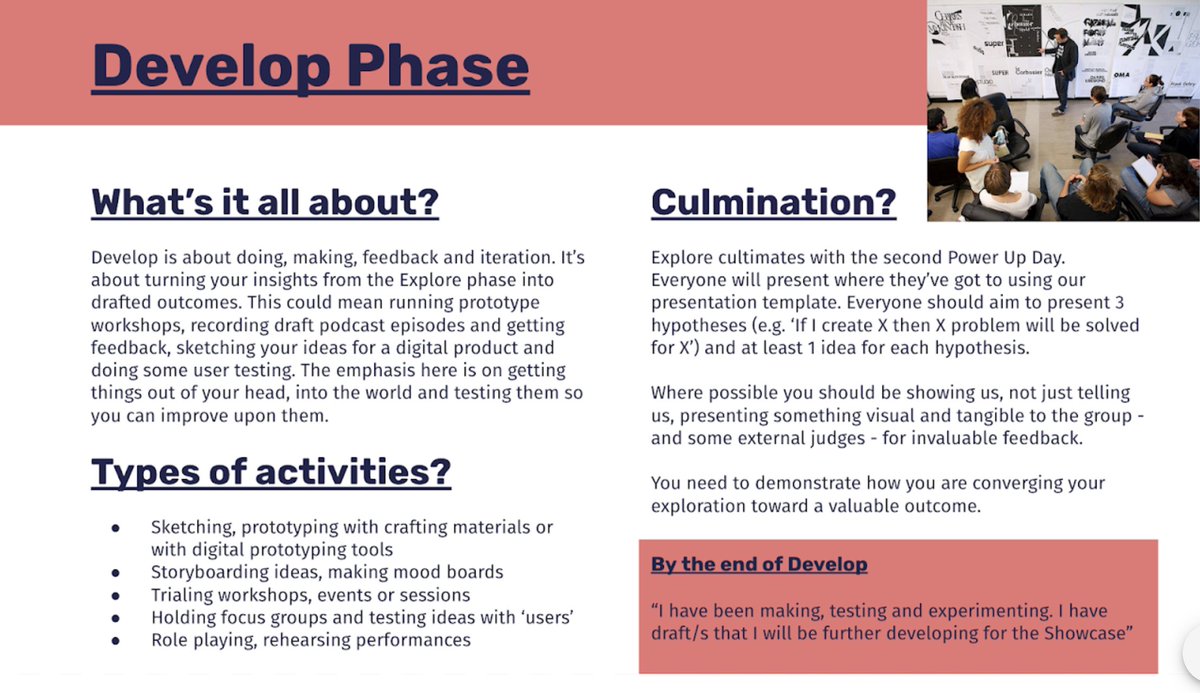 9/ Week 9Develop Phase has begun. It's about turning insights into ideas, & starting to make, prototype & test. This comes naturally to some & is more of a stretch for others. Frameworks can help you get unstuck. The  http://diytoolkit.org&nbsp; from  @nesta_uk is v user friendly.