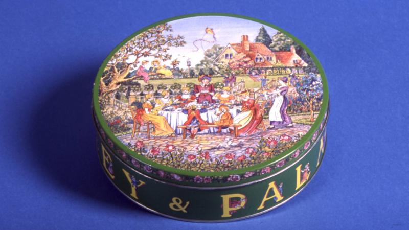 The tins also demonstrated a wild sense of humour. This is the most notorious one ever made, known as the Kate Greenaway tin, after the artist who inspired it. A keen observer will notice that there are some particularly unsavoury scenes amidst this pastoral idyll.