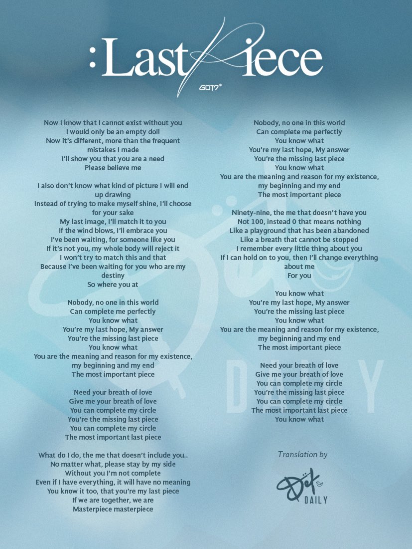 for JAY B/Def.¨ on X: [LYRICS TRANSLATION] 2. LAST PIECE Lyrics