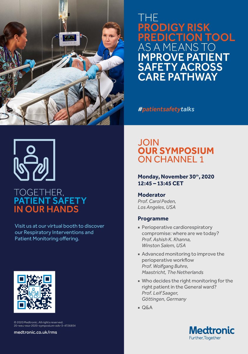 MDT_RMS_EMEA's tweet photo. Attend today's lunch symposium 'THE #PRODIGY RISK PREDICTION TOOL AS A MEANS TO IMPROVE #PATIENTSAFETY ACROSS CARE PATHWAY' at #EA20 (12:45-13:45CET) in which Dr.Khanna, Prof.Peden, Prof.Saager &amp; Prof.Buhre share their latest insights: 
https://t.co/RVAfH9raWk #ESA #ESAIC #OIRD https://t.co/QQGboGeYsv