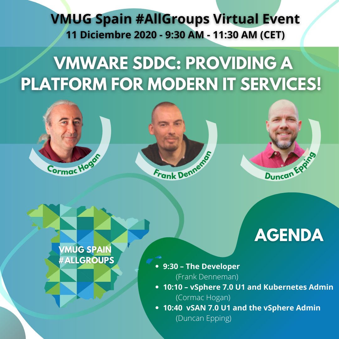 vmugbcn's tweet photo. Ya puedes reservarte el próximo viernes 11 de Diciembre para una sesión espectacular del @MyVMUG Spain #AllGroups 

"VMWARE SDDC: PROVIDING A PLATFORM FOR MODERN IT SERVICES!"

Regístrate en: https://t.co/JOV0NZ2K1c o en tu VMUG Local.

#Tanzu #VSAN #vSphere7 https://t.co/aBmcKH6l6w