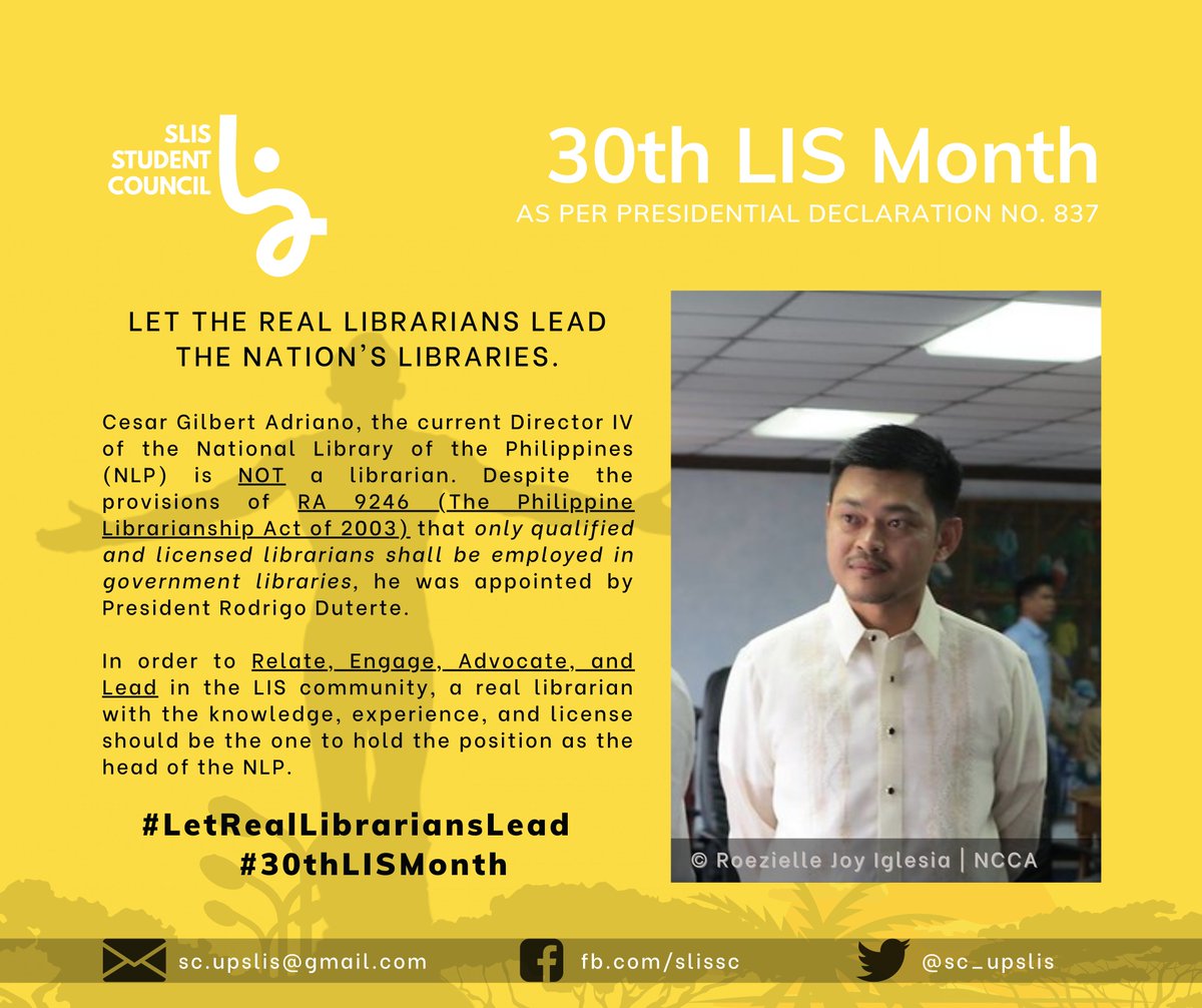 sc_upslis's tweet photo. In order to train librarians to truly Relate, Engage, Advocate, and Lead our community, a real and licensed librarian with proper knowledge and experience should lead us. 

Librarians deserve better! Let REAL librarians lead us!

#LibREAL
#30thLISMonth
#LetRealLibrariansLead https://t.co/pYFJ69F8Cd