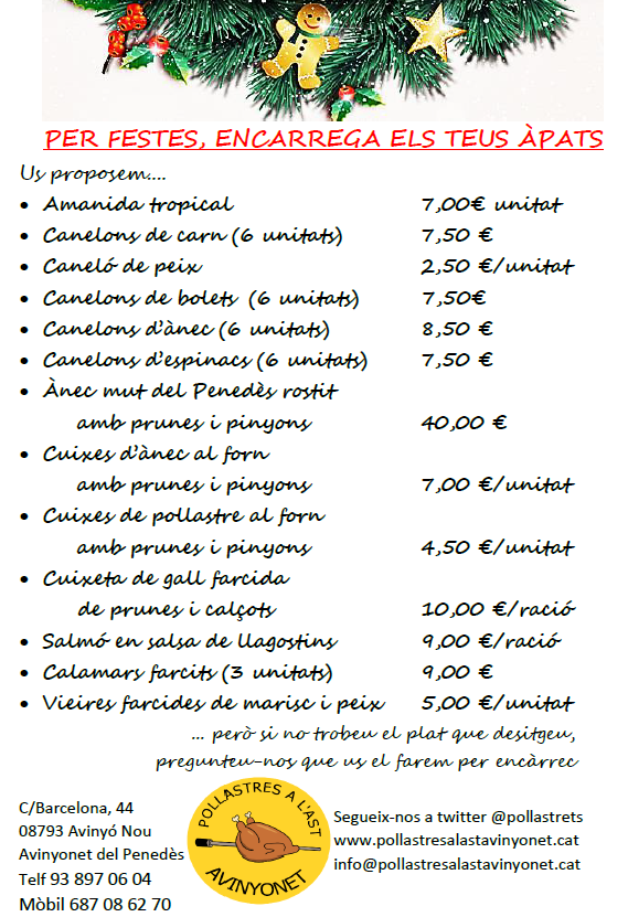 pollastrets's tweet photo. Aquestes festes encarrega'ns els teus àpats! 🍽️
Recorda: dia de Nadal tancat. Per Sant Esteve obert de 8h a 14.30h. Bones festes! 🎄 https://t.co/7otHcAxPWo