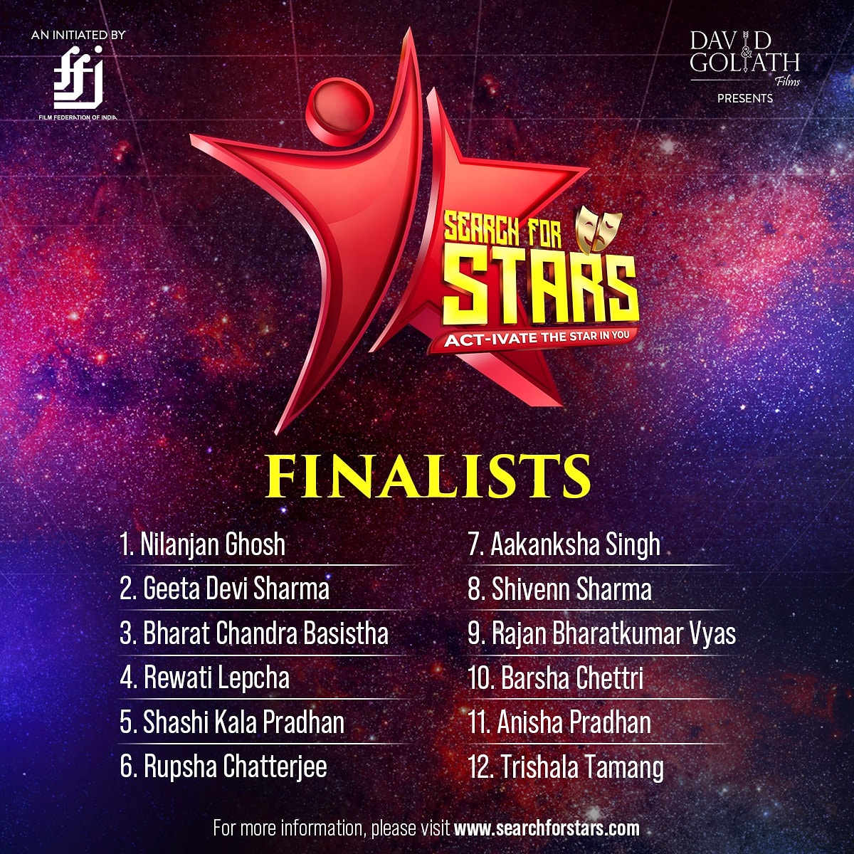 SearchFor_Stars's tweet photo. The finalists are here!

12 wonderful actors have proved their mettle and have been shortlisted for the final round of David &amp; Goliath presents “Search For Stars” - an initiative of Film Federation of India. 
#searchforstars #finalists https://t.co/WbemigGyFD