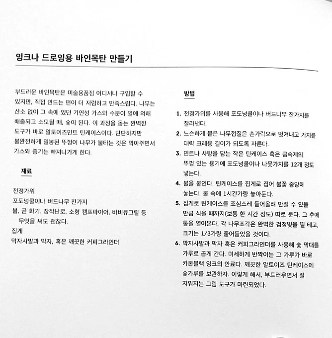 물감 제조업자가 쓴 <예술가들이 사랑한 컬러의 역사>는 일반인이 따라 할 수 없는 전문적인 방법으로 각종 안료를 만들지만 <잉크 만들기>는 비교적 따라하기 쉬움

알토이즈캔에 재료 넣고 태워서 바인목탄 만들기 