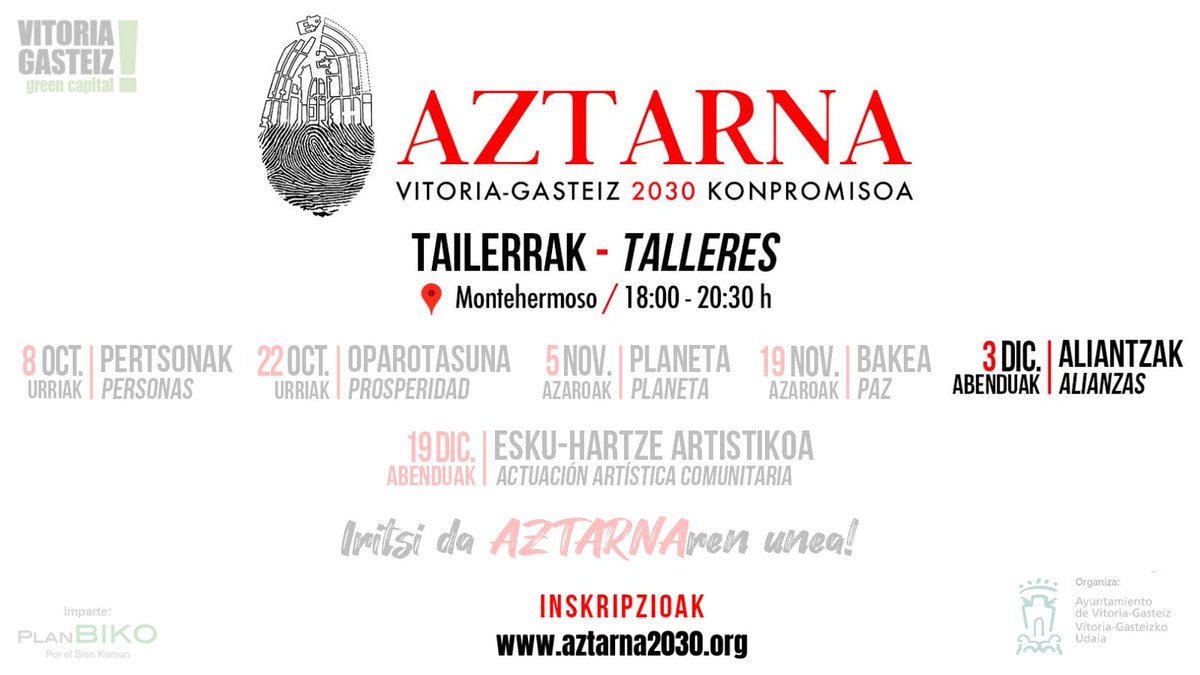Para tener una #VitoriaGasteiz mejor, sostenible, comprometida y solidaria, es vital construir alianzas a tooodos los niveles 🤝. ¿Pero por dónde empezar y cómo hacerlas fuertes 🤔?
¡Vamos a darle al coco 💡 en el último taller de #Aztarna2030 y #ODS!
👉aztarna2030.org👈
