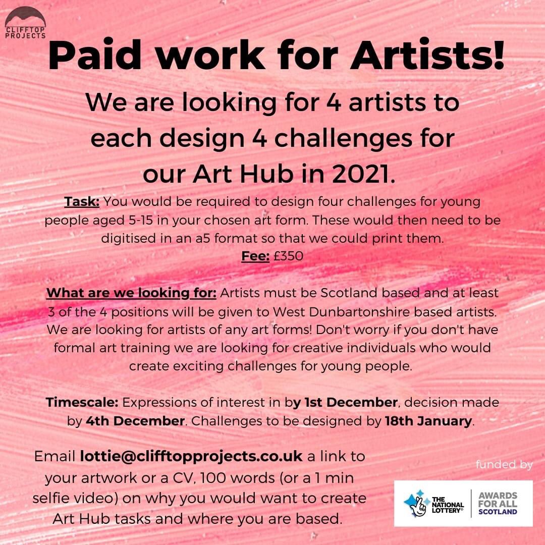 ✨Work for artists in any art form✨

We are looking for four artists to design artistic tasks for young people. Today is the last day to apply! #workforartists #westdunbartonshire #arts