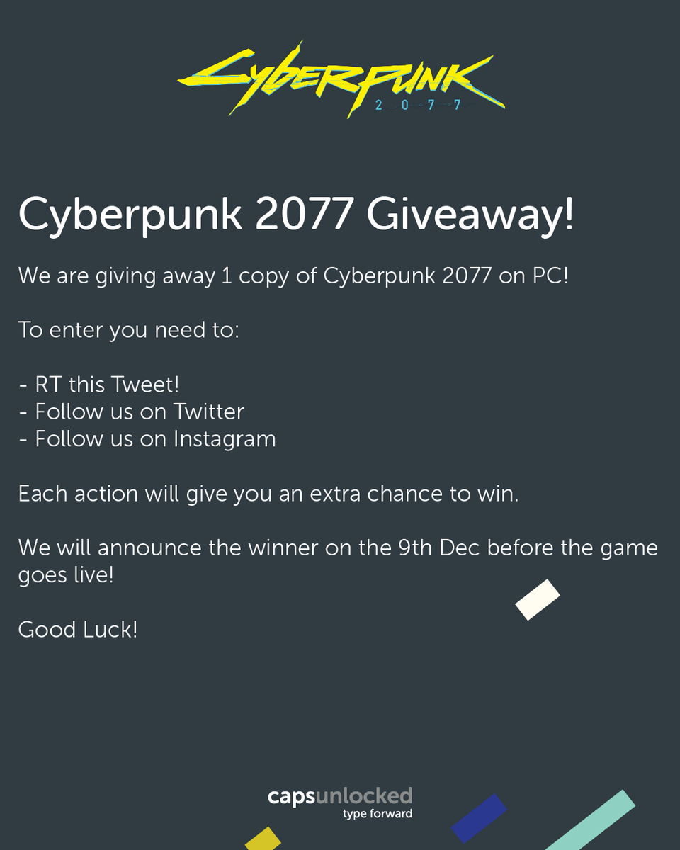 caps_unlocked's tweet photo. We are giving away 1 copy of the PC version of #Cyberpunk2077 !

To enter all you need to do is: 

- RT this tweet
- Follow us on Twitter
- Follow us on IG (https://t.co/lYQLMz9Lwc)

Each action counts as an entry! 

Winner announced on 09/12! 🙂 Good Luck! 🤞

#giveaway https://t.co/8plEfe1sHB
