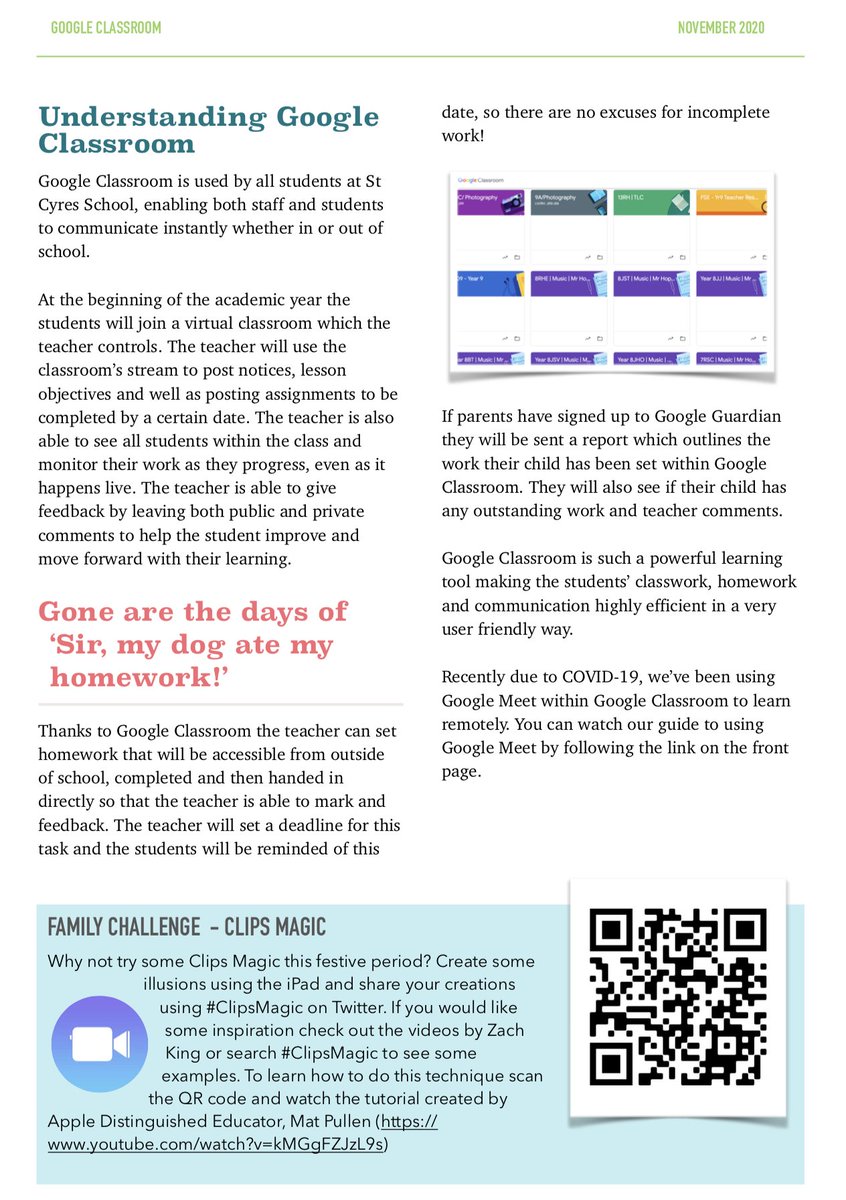 HopkinTeach's tweet photo. Here is our second newsletter (November 2020) created to support parents and students @StCyresSchool.
This edition is based on the use of Google Classroom. Thanks to @mat6453 for the family #ClipsMagic challenge!
#StCyresChat @MrsHilltoutArt @CyresDt https://t.co/47nQV6kPT0