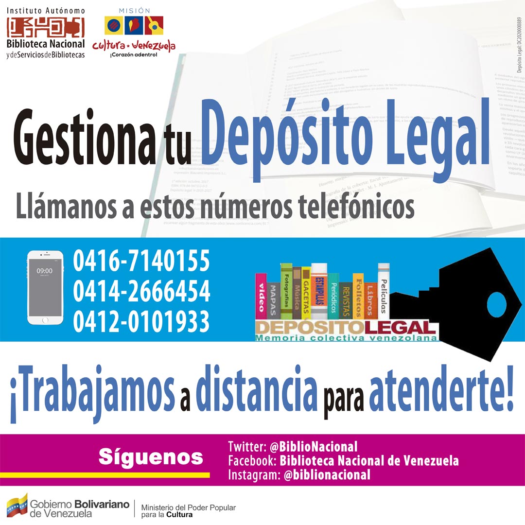 Si eres editor, productor y distribuidor, nuestro equipo de Depósito Legal te orientará en el registro de tu obra. Comunícate a con ellos vía telefónica. 
 
#DepósitoLegal #30Nov