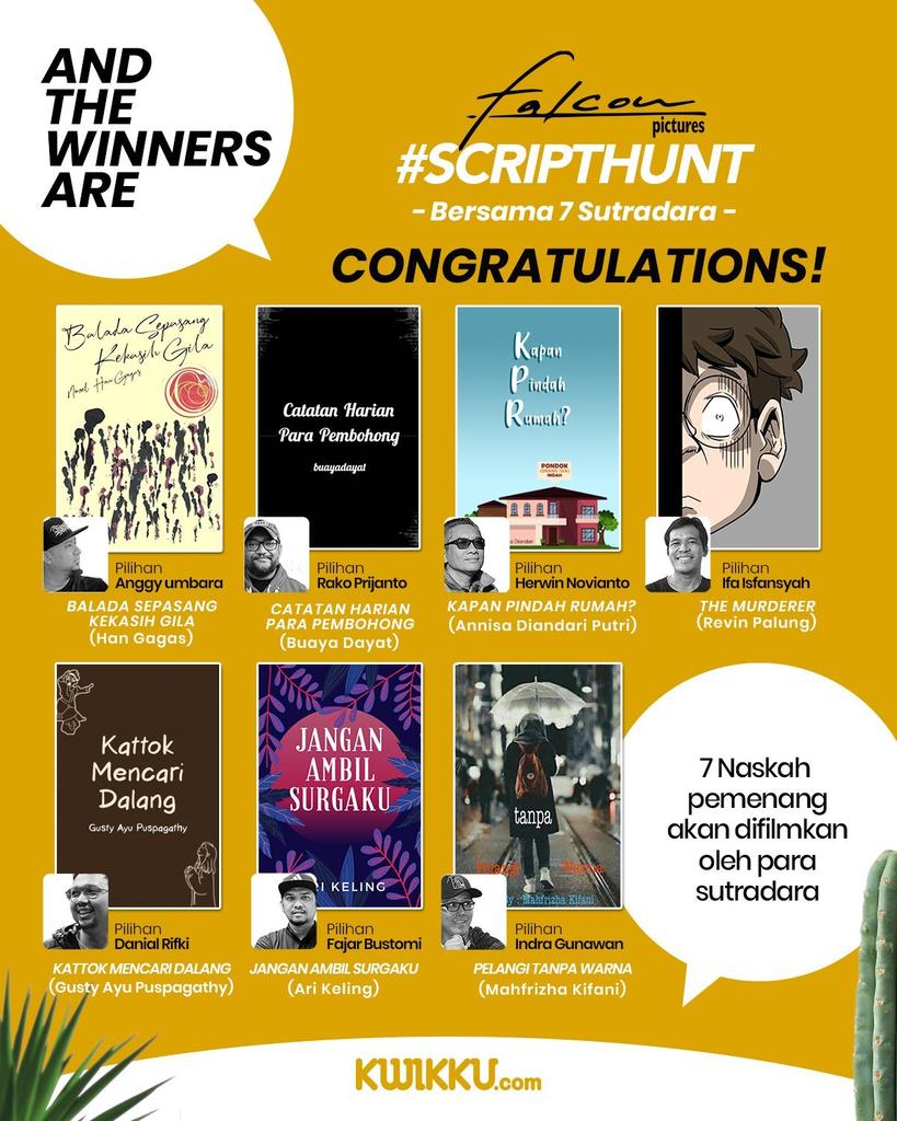 cinemuach's tweet photo. WHOAAAAA!!!
Ini dia, 7 naskah yang dipilih oleh 7 sutradara di ajang #FalconScriptHunt.
SELAMAAAAAT!
Menarik-menarik ih!
Ngga sabar menonton semuanyaaa! 🔥 https://t.co/MNgzHYRMDJ