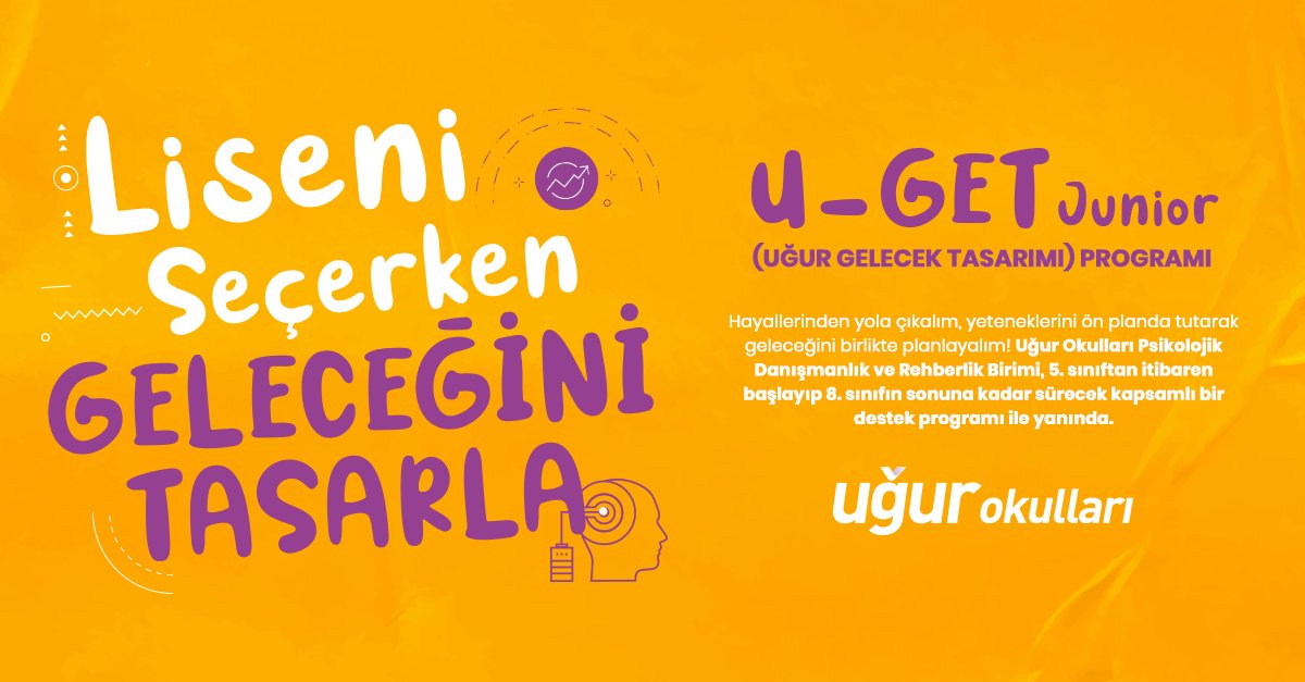 Hayallerinden yola çıkalım, yeteneklerini ön planda tutarak geleceğini birlikte planlayalım! ✨

Uğur Okulları Psikolojik Danışmanlık ve Rehberlik Birimi, 5. sınıftan itibaren 8. sınıfın sonuna kadar sürecek kapsamlı 'U-GET Junior' destek programı ile yanında! 🚀

#UğurluOlmak