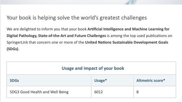 Our book on #AI and #ML for #Digital #Pathology is ranked among the top used publications on SpringerLink that concern one or more of the United Nations Sustainable Development Goals #SDGs. Get the eBook here shorturl.at/aiAY5