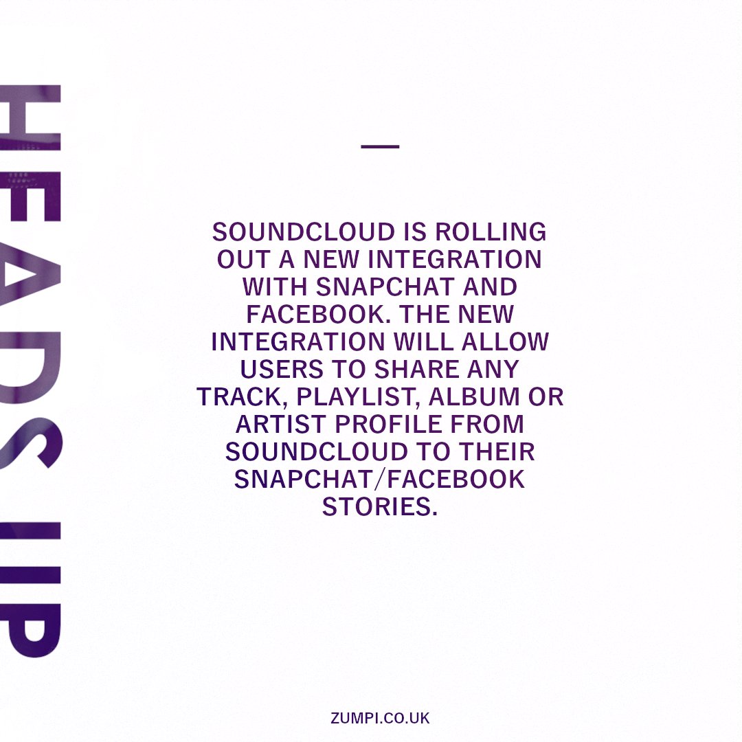 Soundcloud is rolling out a new integration with snapchat and facebook. the new integration will allow users to share any track, playlist, album or artist profile from soundcloud to their snapchat/facebook stories.

#Zumpi #HeadsUp