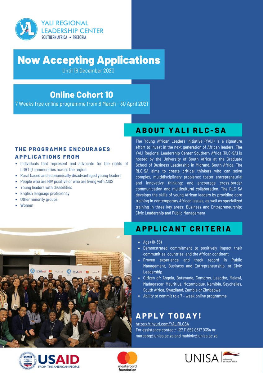 RLC_SAfrica's tweet photo. #YALIRLCSA is now accepting applications for its ONLINE COHORT 10 PROGRAMME (8 March - 30 April 2021)                                                
TO APPLY, VISIT: https://t.co/PLc1BHXjQn
CLOSING DATE: 18 December 2020 (23:59 South Africa Time)
@UnisaSBL @unisa @USAID_SAfrica https://t.co/FLxntJnZYS
