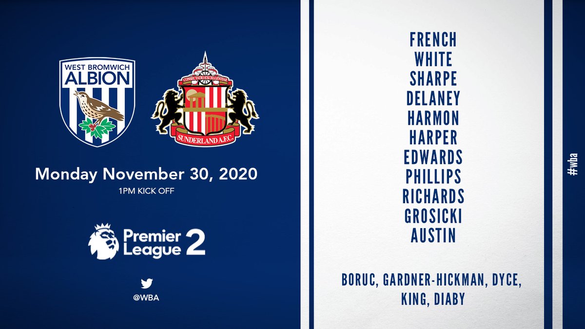 WBA's tweet photo. ๐ Hereโs our starting XI as five first-team players feature in todayโs #PL2 clash with @SunderlandAFC.
All the best, lads! ๐ช
#WBA https://t.co/kRDesp1Q56