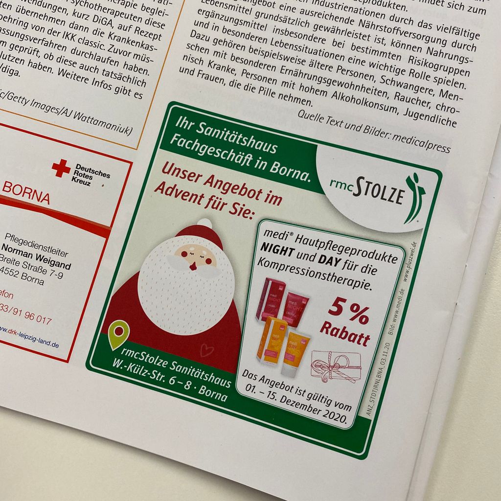 rmcStolze's tweet photo. In der neuen Ausgabe (24/2020) des Bornaer Stadtjournal finden Sie einen Aktionscoupon für unser Sanitätsaus Fachgeschäft in Borna. 5% Rabatt auf die MEDI Night und Day Hautpflegeprodukte für die Kompressionstherapie.
Gültig:  1. bis 15. Dezember 2020 #rmcstolze #aktionen #rabatt https://t.co/g2hksw6wSN