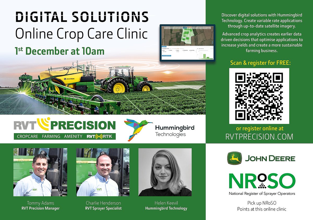 Join us and @RVTprecision tomorrow! Discover digital solutions with Hummingbird Technologies Pick up 2 NRoSO Points at this online clinic.
Advanced crop analytics lead to a more #sustainable #farming business.
To register for the event, please go to: https://t.co/0xw0eNMuHS https://t.co/ni2CJaywlS