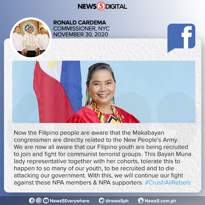 News5PH's tweet photo. “High government official kayo, ’di n’yo alam terorista na ang anak n’yo?”

Kinuwestiyon ni NYC commissioner Ronald Cardema ang pagbibigay-pugay ni Bayan Muna Rep. Eufemia Cullamat sa kanyang nasawing anak bilang bayani ng bayan. https://t.co/K3vhmM53eK