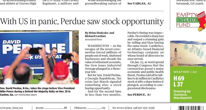 Brutal front page of @SavannahNow about @sendavidperdue’s stock trading scandal.
What Savannah, Georgia is reading this morning... https://t.co/10ahgv5dWa