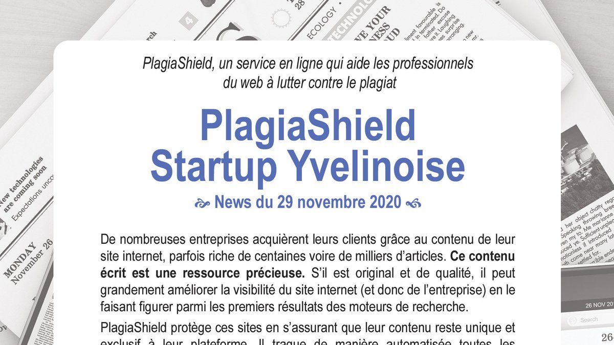 gsoobservatoire's tweet photo. 🇫🇷💬📱💻📡📰 PlagiaShield, un service en ligne qui aide les professionnels du web à lutter contre le plagiat >>> PlagiaShield  Startup Yvelinoise @jeremy_maub >>> News du 29 novembre 2020 https://t.co/RM0sFuKjC3 #t78lemag https://t.co/oaoNynCWmH