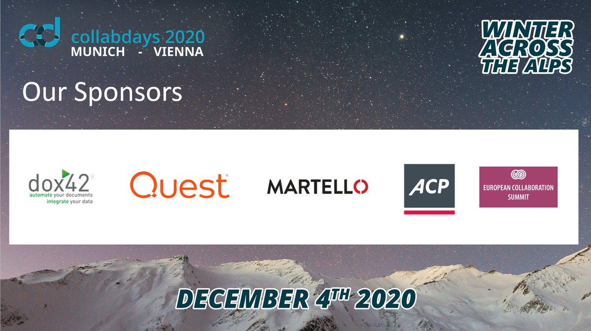 CollabdaysMUC fka SPSMUC (@collabdaysmuc) on Twitter photo Once again, we invite you to join CollabDays Winter Across the Alps on Friday, 4th of December. Together with our great speakers and sponsors, we will offer you a fabulous learning and fun day. <a href="/acp_gruppe/">ACP</a> <a href="/dox42/">dox42</a> <a href="/MartelloTech/">Martello Tech</a> <a href="/Quest/">Quest Software</a> #Microsoft365 bit.ly/CollabdaysMUCV… Once again, we invite you to join CollabDays Winter Across the Alps on Friday, 4th of December. Together with our great speakers and sponsors, we will offer you a fabulous learning and fun day. <a href="/acp_gruppe/">ACP</a> <a href="/dox42/">dox42</a> <a href="/MartelloTech/">Martello Tech</a> <a href="/Quest/">Quest Software</a> #Microsoft365 bit.ly/CollabdaysMUCV…