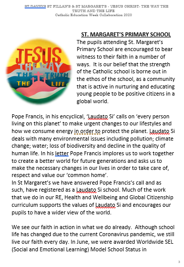 StMargaretsJoh1's tweet photo. We have been collaborating with St David's and St Fillan's for Catholic Education Week. Here's a snapshot of our insert in our CEW Newsletter.
#CEW2020WayTruthLife
@StDavidsPS @Fillan_Bear @StMargaretsRCC @DoPEducation1 https://t.co/tnIG7skzZO